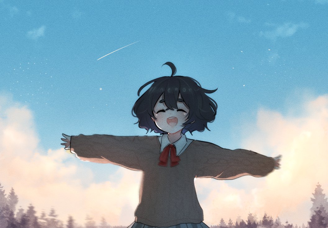1girl :d ahoge black_hair sophie_(popopoka) borrowed_character bow bowtie brown_sweater collared_shirt commentary day freckles grey_skirt hair_between_eyes happy long_sleeves neqo_(neneneqo) open_mouth original outdoors red_bow red_bowtie shirt skirt smile solo sweater symbol-only_commentary teeth thick_eyebrows tree upper_teeth_only