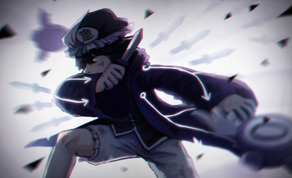 1other androgynous arrow_print bare_legs bird black_hair black_shirt blood blood_drip blurry clothes_lift commentary covered_mouth dark_foreground english_commentary feet_out_of_frame frilled_hat frilled_shorts frills glass_shards glowing hat holding holding_knife hood hood_down hooded_jacket injury jacket jacket_lift knees knife len&#039;en long_sleeves looking_to_the_side mixed-language_commentary mob_cap non-humanoid_robot open_clothes open_jacket other_focus purple_eyes purple_hat purple_jacket purple_sleeves robot robot_animal shirt shitodo_kuroji short_hair shorts sleeves_past_wrists solo spell too_many too_many_knives triangular_headpiece white_background white_shorts wide_sleeves yamanoskk