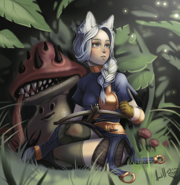 1girl animal_ears archer_(ragnarok_online) armored_skirt belt boots breasts brown_gloves brown_thighhighs cat_ears cat_girl commentary creature english_commentary full_body gloves grass grey_boots grey_eyes grey_hair grey_shirt lillkun long_hair looking_afar medium_breasts muneate mushroom ragnarok_online shirt short_sleeves sitting solo spore_(ragnarok_online) thighhighs tongue tongue_out tree