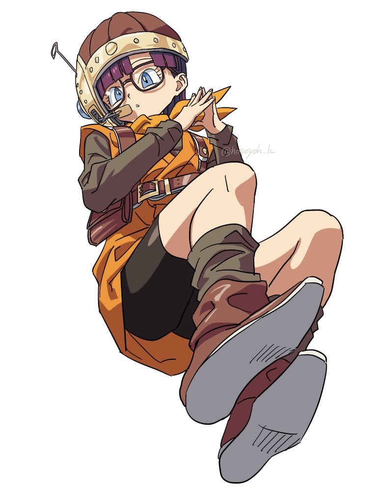 1girl bike_shorts black_shorts blue_eyes blunt_bangs boots brown_boots brown_shirt brown_socks chrono_trigger from_below full_body glasses harness headset helmet hosodayo long_sleeves lucca_ashtear necktie orange_necktie orange_tunic own_hands_together parted_bangs parted_lips purple_hair shirt short_hair shorts socks solo toriyama_akira_(style) tunic twitter_username white_background