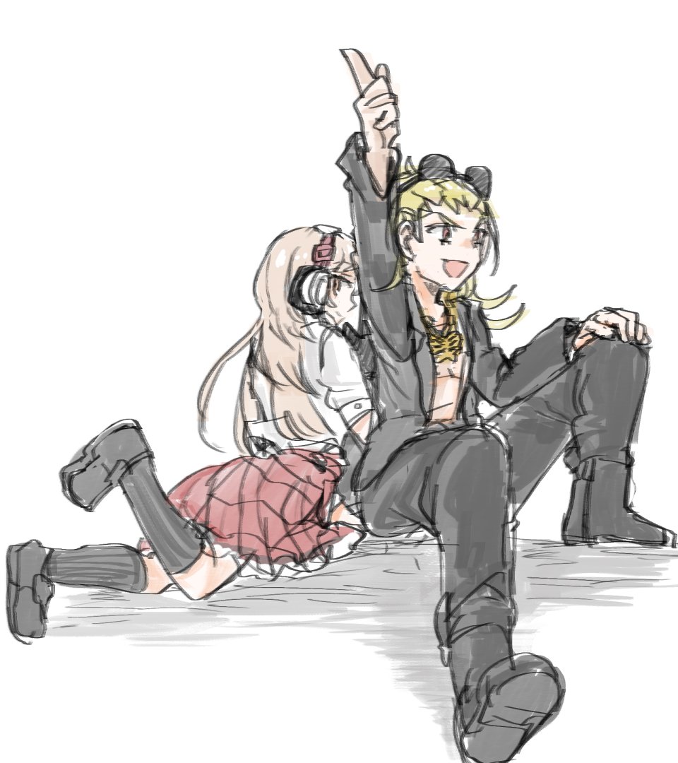 1boy 1girl black_jacket black_pants blonde_hair butterfly_necklace eyelashes headphones jacket lying matsunae_tsugumi open_mouth pants plaid_clothes plaid_skirt red_eyes red_skirt school_uniform shiba_(ntwewy) shin_subarashiki_kono_sekai shirt sitting skirt smile subarashiki_kono_sekai suit_jacket sunglasses_on_head white_shirt