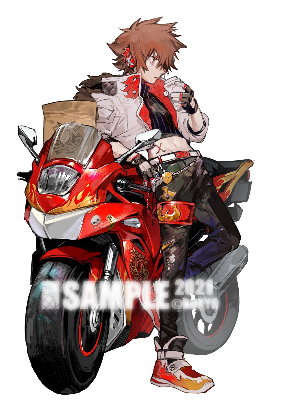 1boy alternate_costume belt black_gloves black_pants black_shirt bokyo bottle brown_eyes brown_hair cup disposable_cup drinking drinking_straw fingerless_gloves full_body gloves hair_between_eyes headphones highres holding jacket katekyo_hitman_reborn! looking_at_viewer male_focus midriff motor_vehicle motorcycle navel open_clothes open_jacket pants sample_watermark sawada_tsunayoshi shirt shoes simple_background sneakers solo spiked_hair watermark white_background white_jacket
