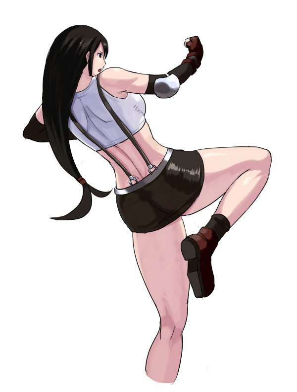 1girl 78_(tky8) back bare_legs bare_shoulders belt black_eyes black_gloves black_hair elbow_gloves final_fantasy final_fantasy_vii fingerless_gloves gloves incoming_attack kicking long_hair open_mouth pony_(animal) red_gloves simple_background solo sports_bra standing standing_on_one_leg tifa_lockhart vest white_background