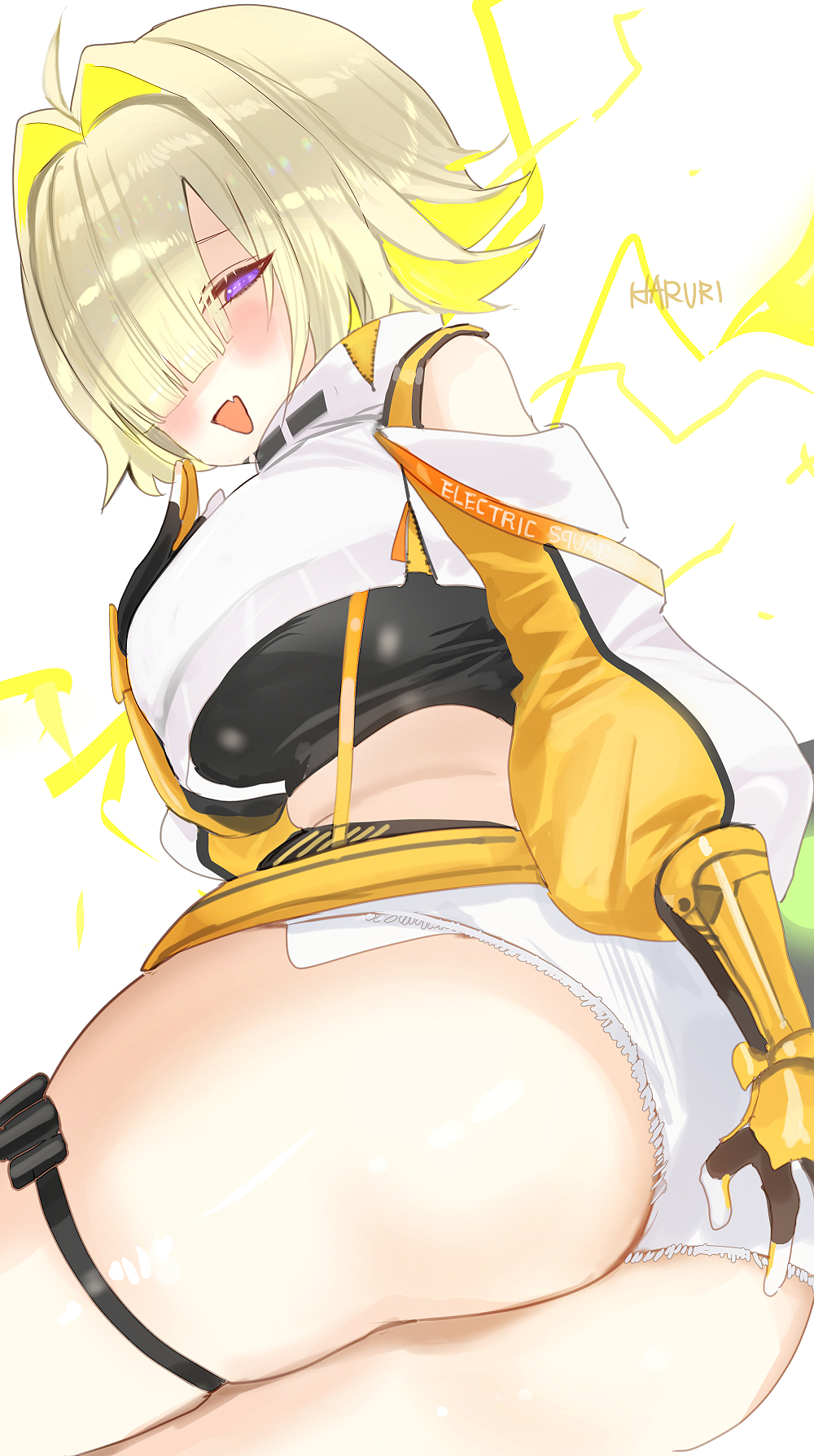 1girl :d ahoge artist_name black_gloves black_sports_bra blonde_hair blush breasts clothing_cutout crop_top crop_top_overhang cropped_sweater elegg_(nikke) exposed_pocket gloves goddess_of_victory:_nikke grey_shorts hair_intakes hair_over_eyes haruri highres large_breasts long_bangs long_sleeves looking_at_viewer micro_shorts multicolored_gloves multicolored_hair navel open_mouth purple_eyes short_hair shorts shoulder_cutout smile solo sports_bra suspender_shorts suspenders thigh_strap thighs two-tone_hair yellow_gloves