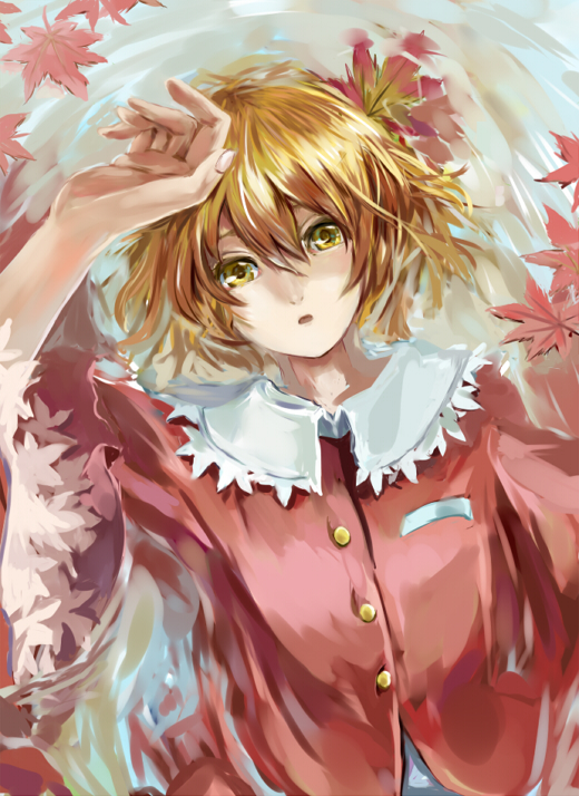 1girl :o aki_shizuha arm_on_own_head bad_id bad_pixiv_id blonde_hair dress faux_traditional_media female_focus hair_ornament leaf leaf_hair_ornament looking_at_viewer mai_yukari open_mouth partially_submerged red_dress short_hair solo touhou water yellow_eyes