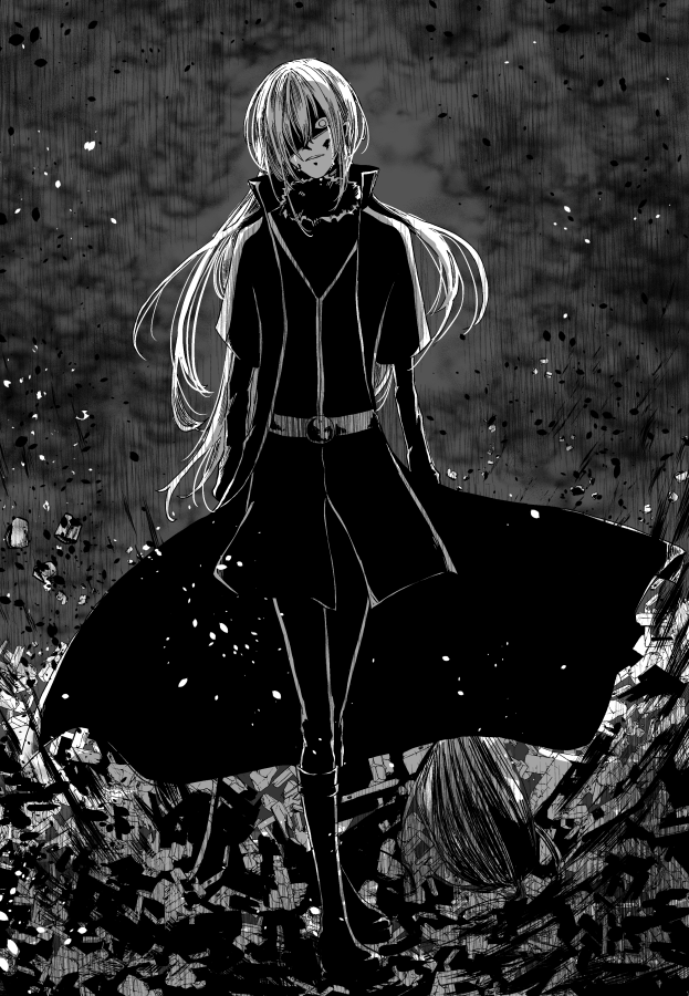 0120hana 1other boots cape eyeshadow hair_over_one_eye jacket long_hair makeup monochrome pile_of_corpses rimuru_tempest solo tagme tensei_shitara_slime_datta_ken