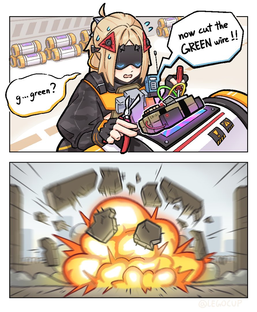 ! 1girl 2koma artist_name black_gloves black_shirt blonde_hair bomb comic covered_eyes defusing english_text explosion explosive eye_mask failure fingerless_gloves flying_sweatdrops gloves hair_ornament holding holding_screwdriver jagos_(legocup) long_hair long_sleeves open_mouth panicking screwdriver shirt sign solo speech_bubble trigger_(zenless_zone_zero) twitter_username walkie-talkie warning_sign wire_cutters zenless_zone_zero