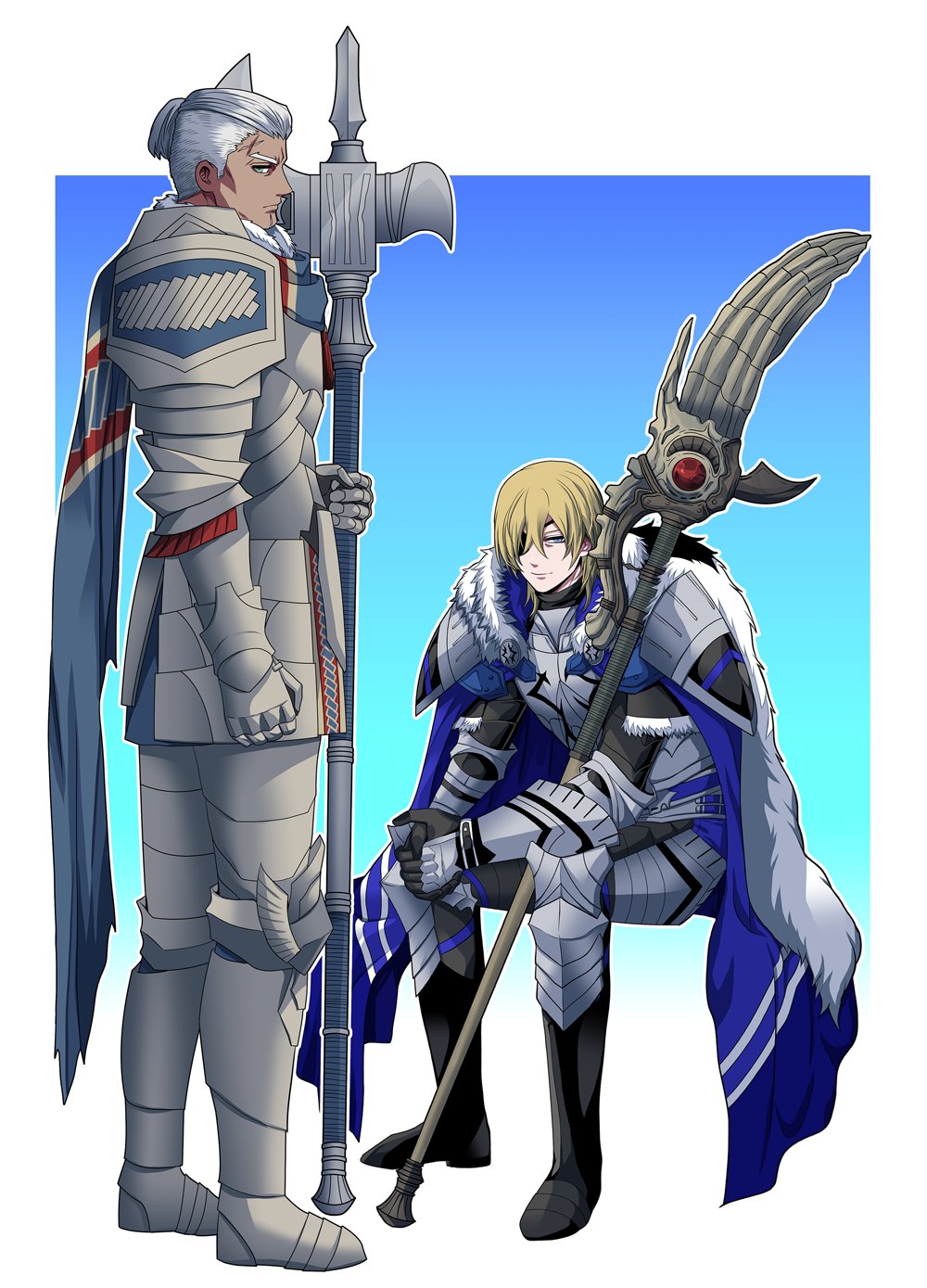 2boys areadbhar_(fire_emblem) armor bags_under_eyes black_fur blonde_hair blue_background blue_cape blue_eyes blue_scarf breastplate cape commentary dark-skinned_male dark_skin dedue_molinaro dedue_molinaro_(timeskip) dimitri_alexandre_blaiddyd dimitri_alexandre_blaiddyd_(timeskip) eyepatch faulds fire_emblem fire_emblem:_three_houses full_body gauntlets greaves green_eyes hair_between_eyes highres holding holding_polearm holding_weapon invisible_chair looking_to_the_side male_focus megubiru multiple_boys nintendo one_eye_covered own_hands_clasped own_hands_together parted_bangs pauldrons polearm ponytail scarf short_ponytail shoulder_armor sideways_glance simple_background sitting standing symbol-only_commentary two-tone_background weapon white_background white_fur white_hair