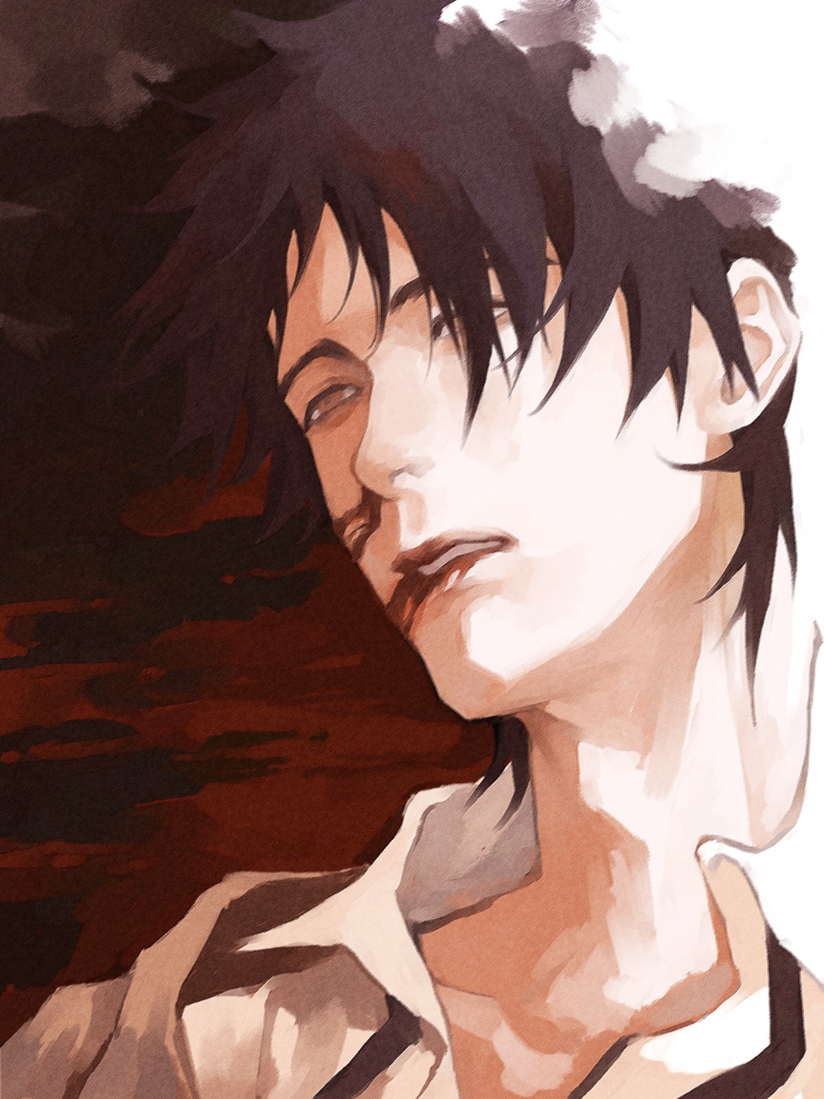 1boy an_(xxcyclotron) black_hair blood blood_from_mouth chaos;head collared_shirt commentary dying hair_over_one_eye half-closed_eyes highres lying male_focus necktie nishijou_takumi nosebleed on_back parted_lips partially_unbuttoned pool_of_blood portrait shirt short_hair solo spoilers symbol-only_commentary undone_necktie white_shirt