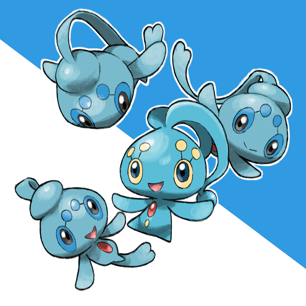 :&gt; :d black_eyes blacknirrow blue_eyes blue_sclera closed_mouth colored_sclera gen_4_pokemon legendary_pokemon manaphy mythical_pokemon nintendo no_humans open_mouth outline phione pokemon pokemon_(creature) pokemon_focus simple_background smile white_outline yellow_eyes