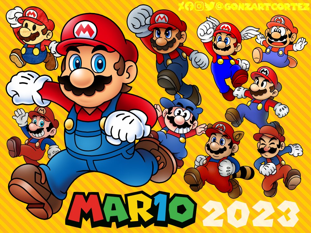 2023 6+boys animal_ears anniversary arms_up black_hair blue_eyes brown_hair character_name donkey_kong_(1981_game) donkey_kong_(series) facial_hair flying full_body gonzartcortez grin hat jumping looking_at_viewer mario mario_&amp;_luigi_rpg mario_(series) mario_bros. mario_day multiple_boys mustache nintendo overalls paper_mario power-up raccoon_ears raccoon_mario raccoon_tail running serious smile super_mario-kun super_mario_64 super_mario_bros.:_peach-hime_kyushutsu_dai_sakusen! super_mario_bros._1 super_mario_bros._3 super_smash_bros. tail the_super_mario_bros._movie wing_cap wing_mario wings