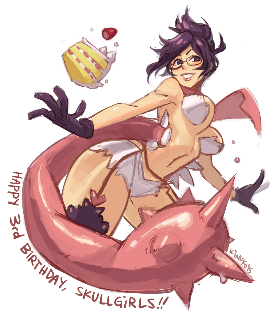 1girl anniversary black_eyes black_gloves black_hair black_thighhighs blush breasts cake cropped_legs extra_mouth female_focus folded_ponytail food fruit garter_belt garter_straps glasses gloves happy_birthday heart kinuko_(kinucakes) large_breasts lips lipstick long_tongue makeup purple_eyes purple_hair scarf semi-rimless_eyewear short_shorts shorts skullgirls smile solo spikes strawberry thighhighs tongue tongue_out under-rim_eyewear venus_(skullgirls) very_long_tongue