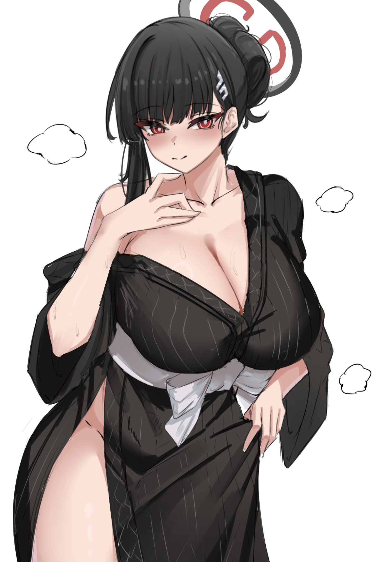 1girl alternate_costume alternate_hairstyle bare_shoulders bath_yukata black_hair black_kimono blue_archive blush breasts cleavage closed_mouth cowboy_shot hair_between_eyes hair_bun hand_on_own_chest highres huge_breasts japanese_clothes kimono large_breasts lengkuass looking_at_viewer naked_kimono obi red_eyes rio_(blue_archive) sash simple_background single_bare_shoulder single_off_shoulder single_sidelock skirt_hold smile solo standing sweatdrop white_background white_sash wide_sleeves yukata
