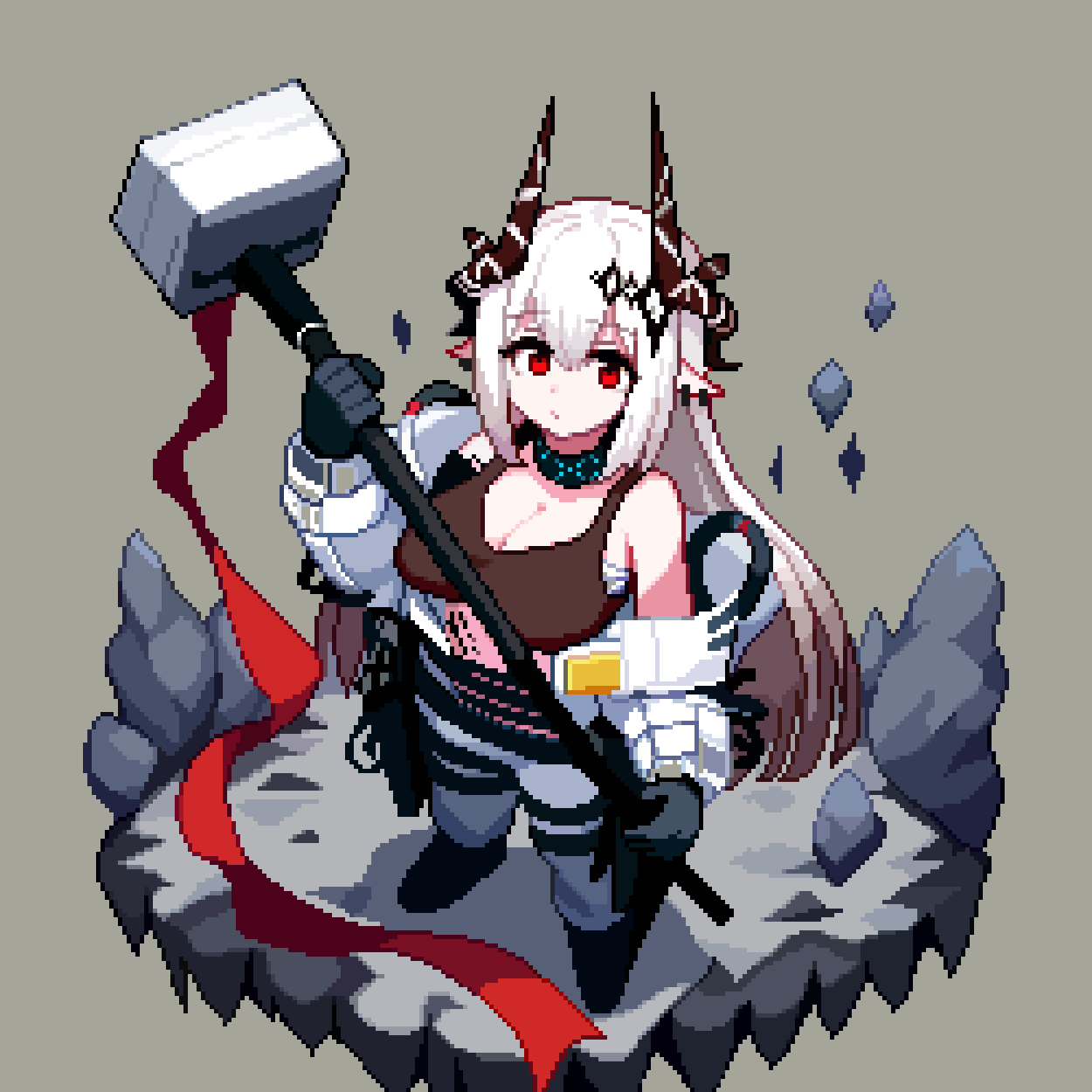 1girl arknights black_gloves breasts brown_horns cleavage closed_mouth full_body gloves grey_background grey_hair hammer highres holding holding_hammer holding_weapon horns infection_monitor_(arknights) large_breasts long_hair long_sleeves material_growth mudrock_(arknights) mudrock_(elite_ii)_(arknights) off_shoulder oripathy_lesion_(arknights) pixel_art red_eyes simple_background sledgehammer solo standing tinia_etru weapon