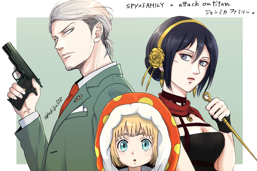 1girl 2boys armin_arlert black_dress black_hair blonde_hair blue_eyes brown_hair cosplay dagger dress earrings formal_clothes futon green_background green_eyes grey_eyes grey_hair gun hair_ornament jean_kirstein jewelry knife mikasa_ackerman multiple_boys parody scarf shingeki_no_kyojin spy_x_family stiletto_(weapon) suit twilight_(spy_x_family) twilight_(spy_x_family)_(cosplay) weapon yor_briar yor_briar_(cosplay)