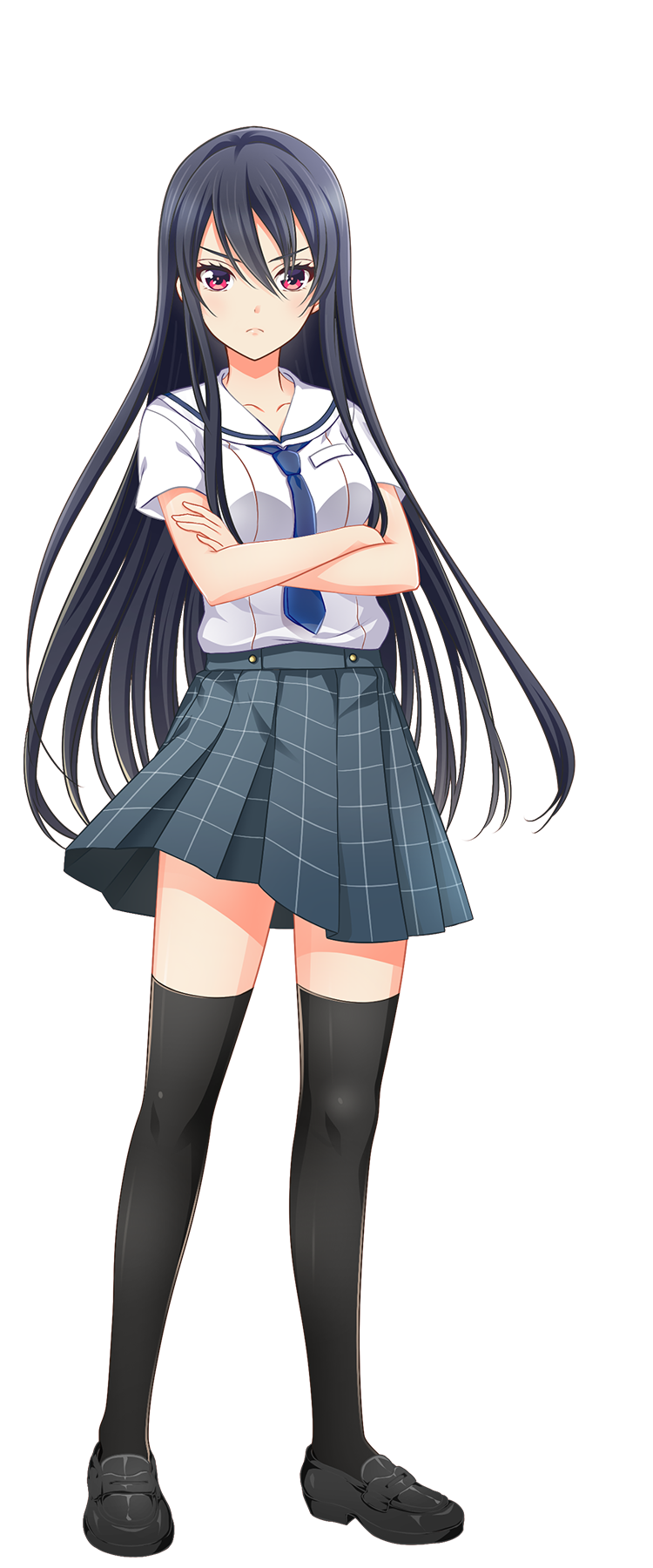 1girl black_boots black_hair black_thighhighs blue_necktie boots breasts cinderella_series closed_mouth clothes_lift collarbone crossed_arms floating_clothes frown full_body hachigatsu_no_cinderella_nine hair_between_eyes highres loafers long_hair miniskirt necktie no_dickey official_art plaid_clothes plaid_skirt red_eyes sailor_collar satogahama_school_uniform school_uniform shinonome_ryo shirt shoes short_sleeves simple_background skirt skirt_lift solo standing summer_uniform tachi-e thighhighs transparent_background white_background white_sailor_collar white_shirt zettai_ryouiki