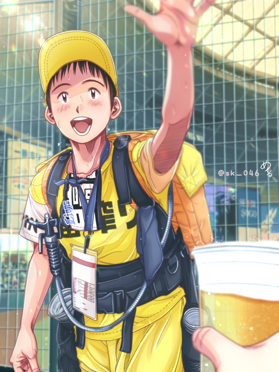 1boy :d alcohol arm_up artist_name backpack bag baseball beer black_eyes black_hair cup disposable_cup highres last_inning male_focus meguru_(sk_046) nippon_professional_baseball open_mouth pants saitama_seibu_lions shirt smile solo_focus sota_yashio stadium sweat yellow_headwear yellow_pants yellow_shirt
