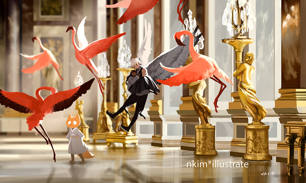 1boy 1girl animal artist_name bare_shoulders bird bird_wings black_eyes black_footwear black_pants black_shirt black_skirt boots brown_hair candle candlestand carrying clothed_animal commentary english_commentary feathered_wings flamingo fox full_body hand_on_another&#039;s_cheek hand_on_another&#039;s_face indoors knee_boots long_hair long_skirt nadia_kim original painting_(object) pants pleated_skirt princess_carry robe shirt shoes short_hair signature skirt sleeveless sleeveless_shirt solid_circle_eyes statue toned toned_male white_eyes white_hair white_robe white_shirt white_sleeves white_wings wings