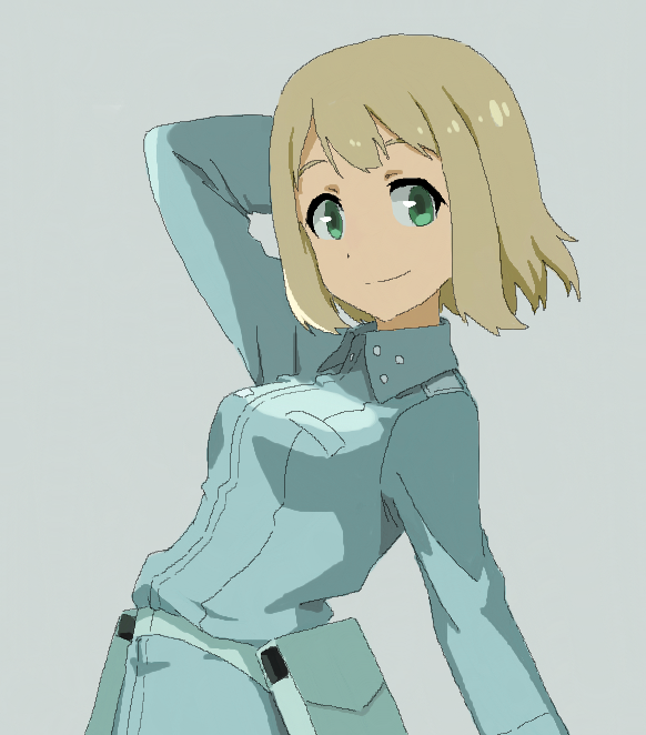1girl arm_behind_head bad_id bad_pixiv_id blonde_hair elma_leivonen female_focus green_eyes long_sleeves looking_at_viewer military military_uniform oekaki shiratama_(hockey) short_hair silver_background simple_background smile solo strike_witches strike_witches:_suomus_misfits_squadron world_witches_series