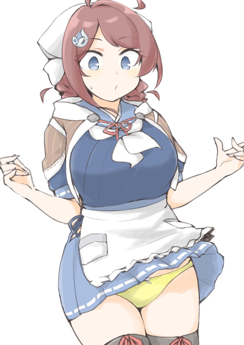 1girl ahoge akara_kai apron bandana black_thighhighs blue_serafuku blush braid braided_hair_rings breasts brown_hair brown_shawl chougei_(kancolle) cowboy_shot grey_eyes hair_ornament hair_rings hairclip highres kantai_collection large_breasts long_hair neckerchief panties school_uniform serafuku shawl solo sweatdrop thighhighs twin_braids underwear waist_apron whale_hair_ornament white_background white_neckerchief wind wind_lift yellow_panties