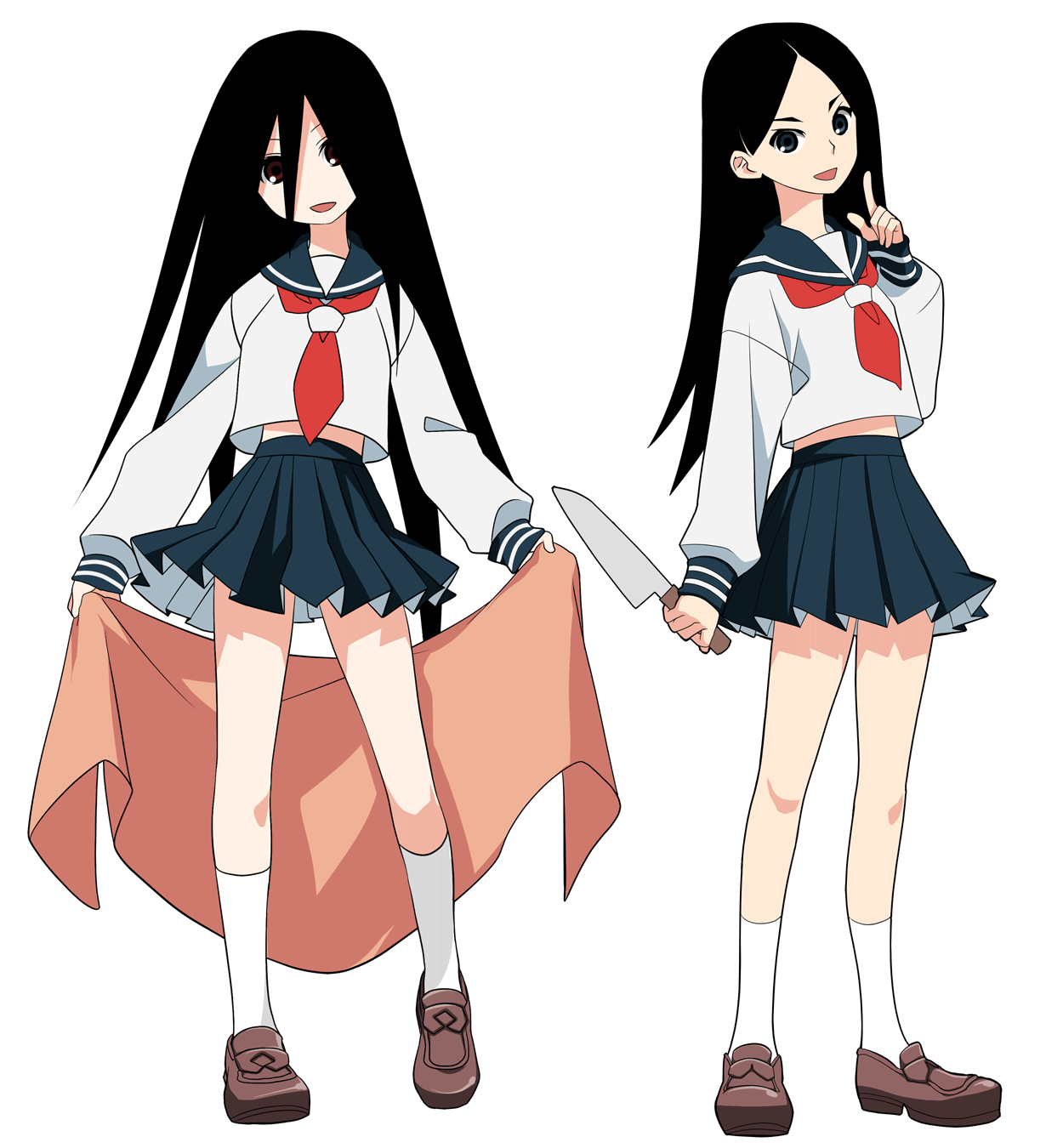 00s 2girls black_eyes ekra highres kitsu_chiri knife komori_kiri long_hair multiple_girls no_nose parted_bangs sayonara_zetsubou_sensei school_uniform serafuku