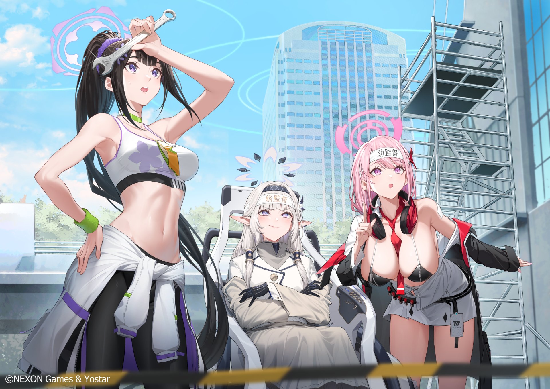 3girls arm_up armpits bare_arms bare_shoulders bent_over between_breasts bikini bikini_top_only black_bikini black_gloves black_hair black_pants blue_archive breast_zipper breasts choker cleavage clothes_around_waist crop_top day eimi_(blue_archive) famepeera gloves green_choker grey_jacket halo headband headphones headphones_around_neck highres himari_(blue_archive) holding holding_wrench jacket jacket_around_waist large_breasts long_hair looking_up medium_breasts midriff miniskirt multiple_girls navel necktie necktie_between_breasts off_shoulder official_art open_mouth outdoors pants pink_eyes pink_hair pointy_ears ponytail purple_eyes shirt sidelocks skirt sleeveless sleeveless_shirt stomach string_bikini sumire_(blue_archive) swimsuit thighs track_pants v-shaped_eyebrows very_long_hair white_hair white_jacket white_shirt white_skirt wrench