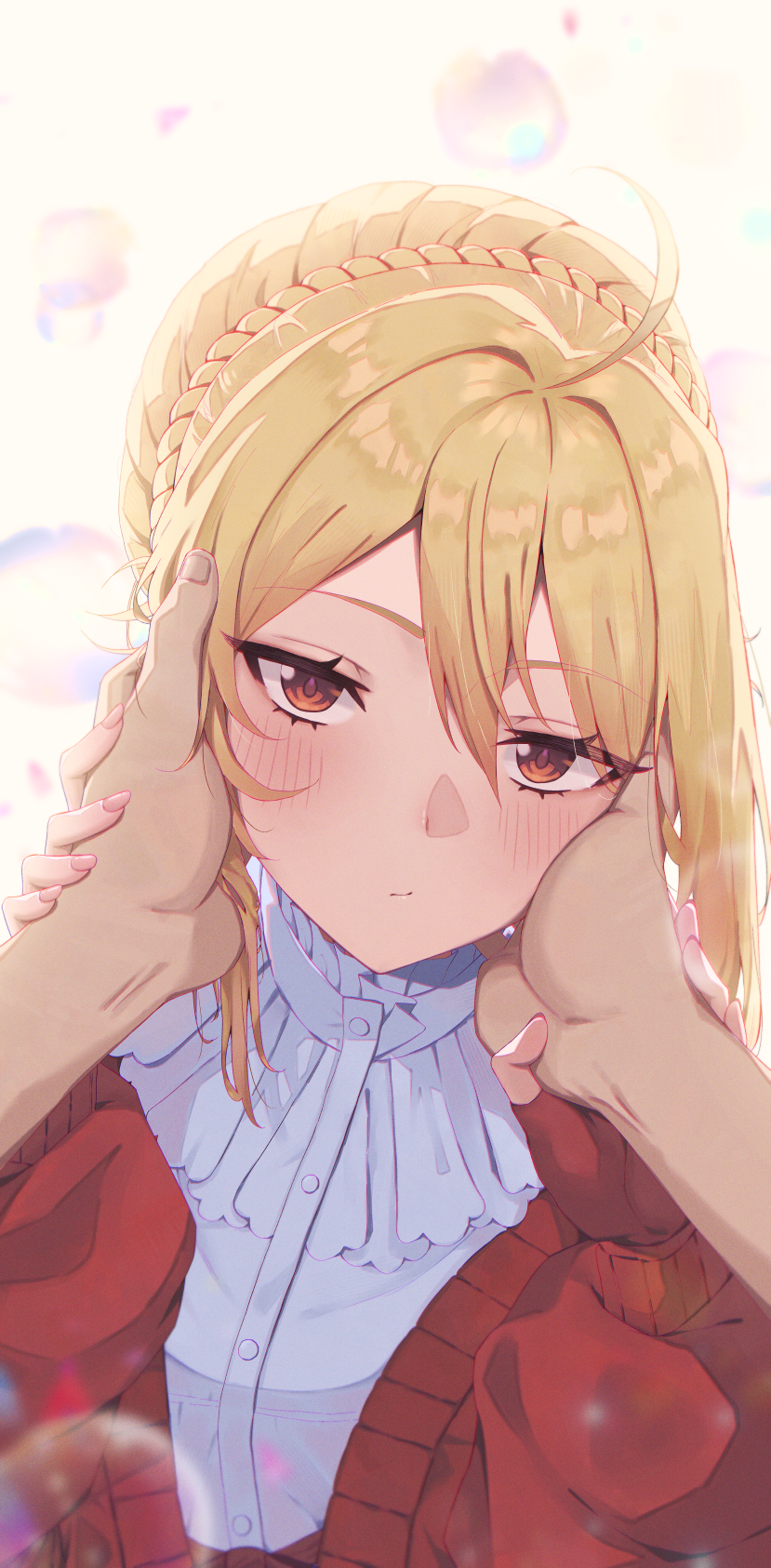 1girl angelica_rapha_redgrave blonde_hair blush braid close-up commission crown_braid eyelashes fingerless_gloves fingernails gloves hair_between_eyes hair_bun hand_on_another&#039;s_cheek hand_on_another&#039;s_face hands_up highres holding_hands kryto_arts long_fingernails long_sleeves looking_at_viewer medium_hair nail_polish otome_game_sekai_wa_mob_ni_kibishii_sekai_desu pink_nails pixiv_commission pov pov_hands red_eyes solo_focus upper_body
