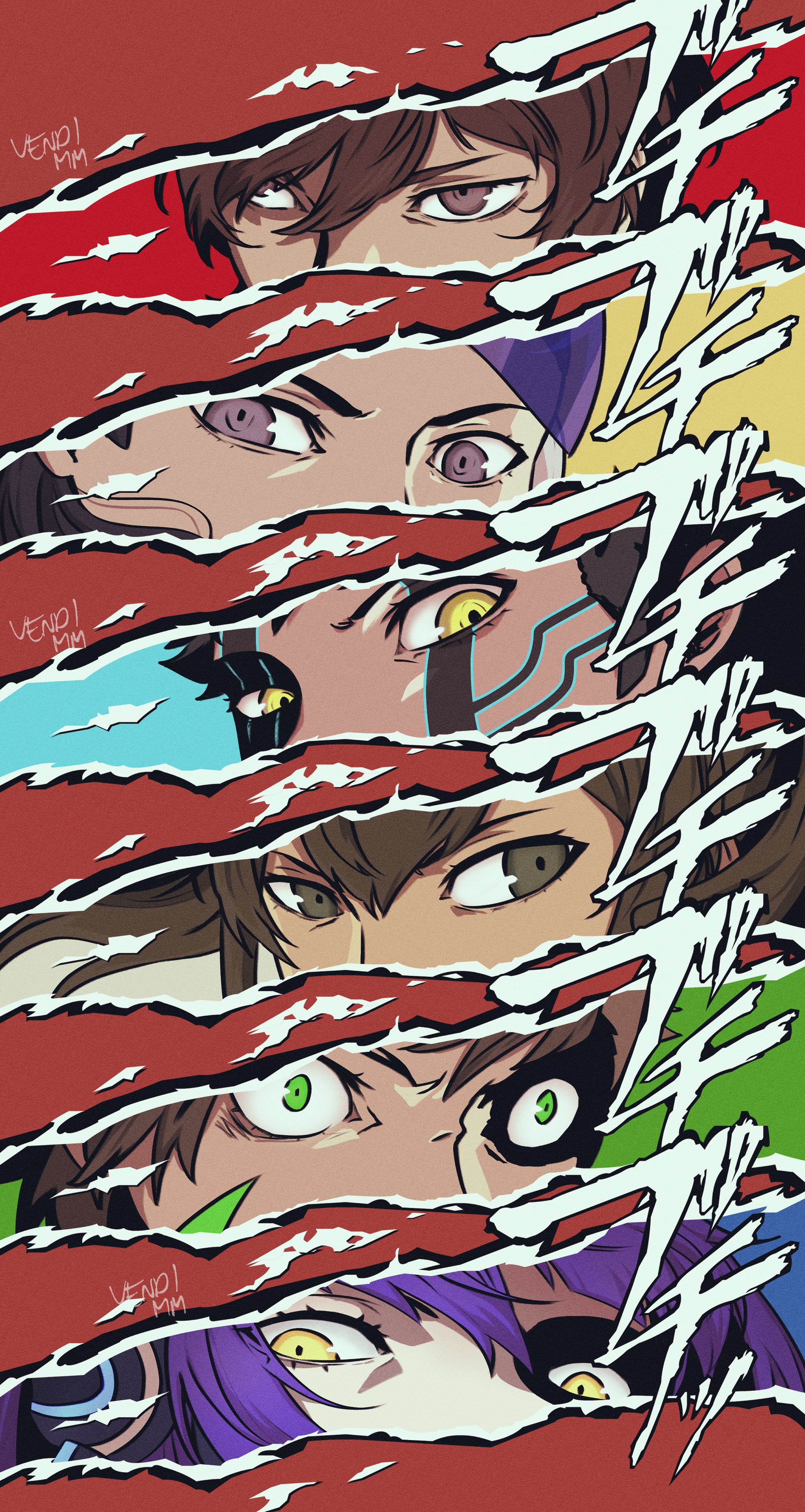absurdres androgynous black_hair crossover demi-fiend eyelashes flynn_(megami_tensei) highres long_hair looking_at_viewer male_focus megami_tensei multiple_boys nanashi_(megami_tensei) persona persona_eyes protagonist_(smtv) shin_megami_tensei shin_megami_tensei_i shin_megami_tensei_ii shin_megami_tensei_iii:_nocturne shin_megami_tensei_iv shin_megami_tensei_iv_final shin_megami_tensei_v short_hair simple_background smile tattoo vendi_mm yellow_eyes