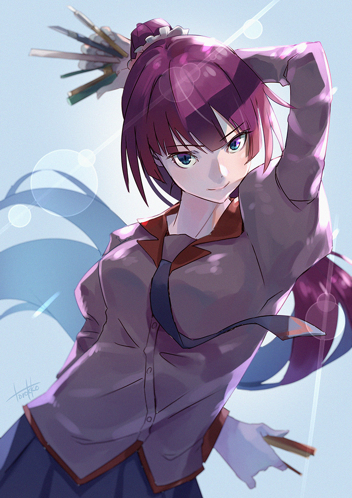 1girl arm_behind_back arm_behind_head arm_up bakemonogatari blue_background blue_eyes blue_skirt boxcutter breasts collar collared_shirt commentary eyelashes female_focus holding juliet_sleeves lens_flare long_hair long_sleeves looking_at_viewer medium_breasts monogatari_(series) naoetsu_high_school_uniform necktie pink_shirt pleated_skirt ponytail puffy_sleeves purple_hair red_collar ruler school_uniform senjougahara_hitagi shadow shirt sidelocks signature skirt solo stapler stationery torokko upper_body very_long_hair