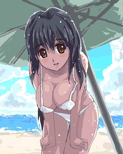 1girl bikini breasts cleavage day female_focus large_breasts lowres oekaki original solo swimsuit tweela white_bikini