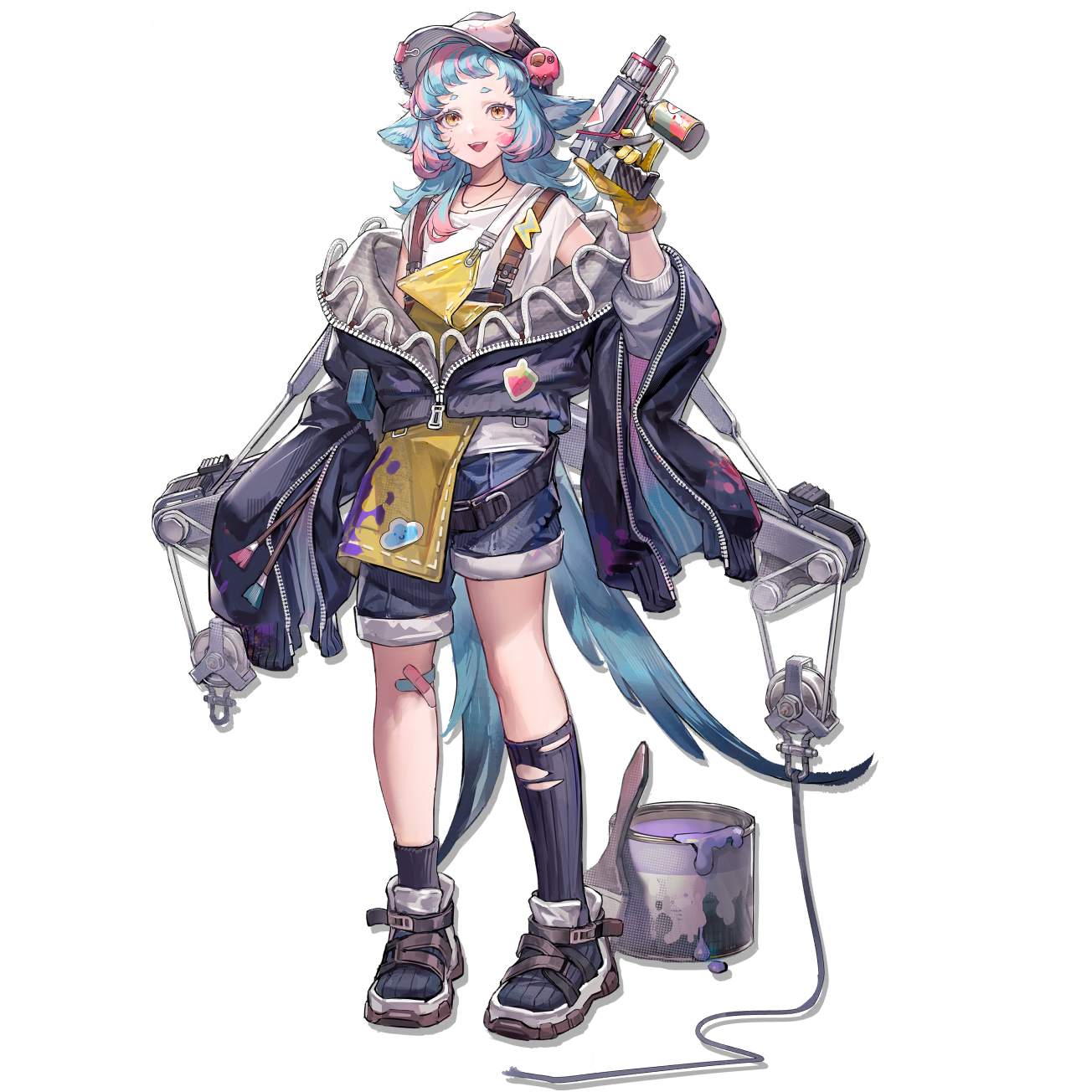1girl animal_ears apron arknights asymmetrical_legwear bandaid bandaid_on_knee bandaid_on_leg baseball_cap belt binder_clip bird_ears bird_girl bird_tail black_belt blue_bandaid blue_hair blue_jacket blue_shorts blue_socks erkai full_body gloves hat highres holding holding_paintbrush jacket jewelry long_sleeves looking_at_viewer medium_hair mismatched_socks multicolored_hair necklace official_art oversized_jacket paint_can paint_on_body paint_on_clothes paintbrush pink_bandaid pink_hair pulley ribbed_socks sandals shirt shorts sidelocks simple_background sleeve_zipper sleeveless sleeveless_shirt smile socks solo standing stuffed_animal stuffed_bird stuffed_toy suspenders tachi-e tail teeth third-party_source tippi_(arknights) tongue torn_clothes torn_socks transparent_background two-tone_hair uneven_legwear upper_teeth_only white_sandals white_shirt wire yellow_apron yellow_eyes yellow_gloves