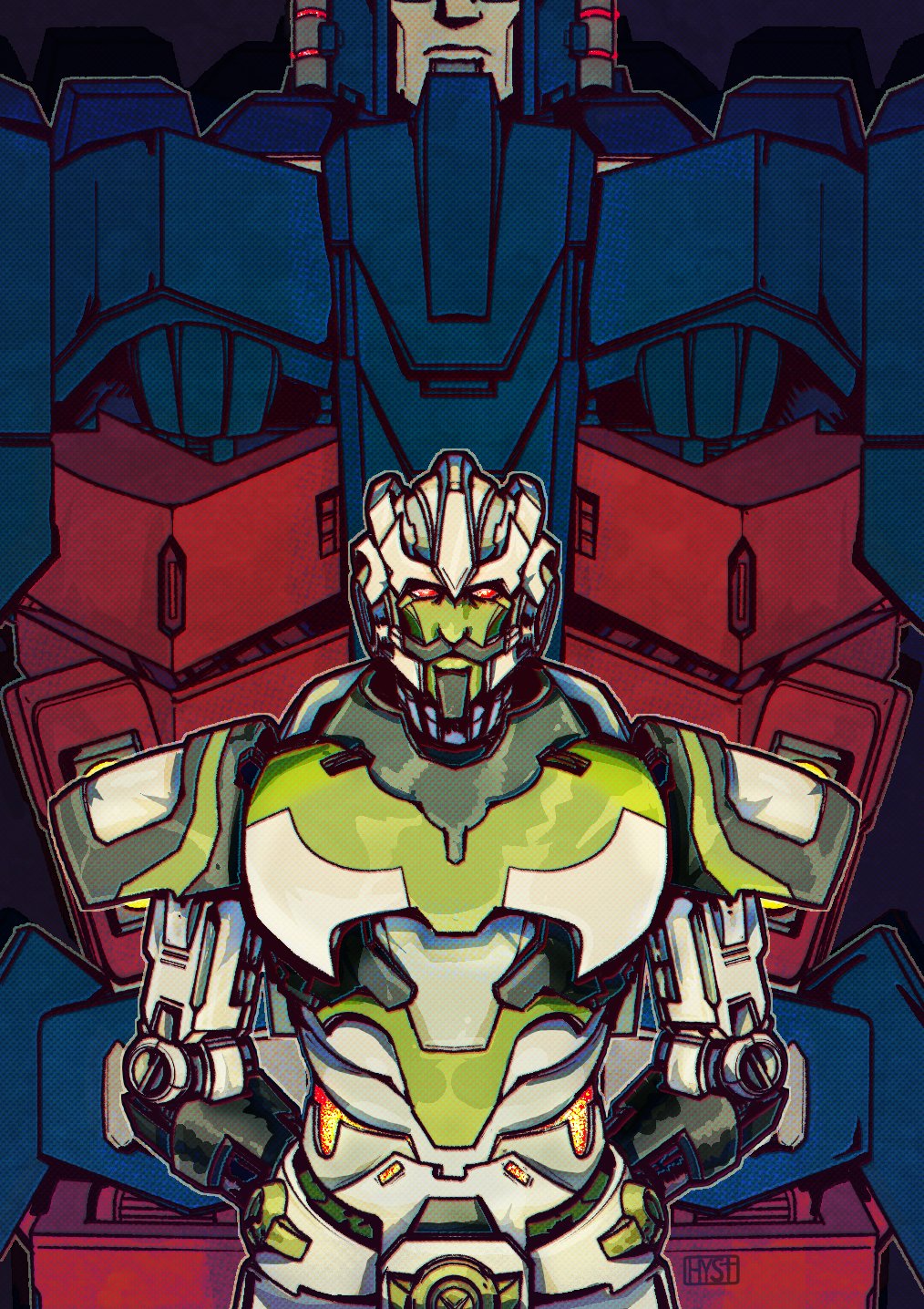 2boys arms_behind_back autobot dual_persona expressionless highres hyst_(hystericalrt) mecha minimus_ambus multiple_boys red_eyes robot science_fiction spoilers straight-on the_transformers_(idw) transformers ultra_magnus