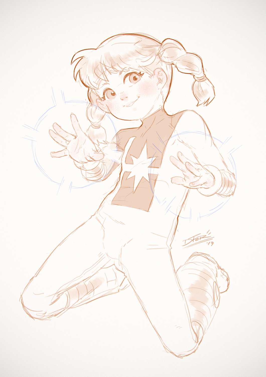 10s 1girl 2019 blush bodysuit boots bracelet braid child grin idfer jewelry katie_power kneeling long_hair looking_at_viewer marvel monochrome power_pack print_bodysuit smile spread_legs star_(symbol) star_print superhero_costume teeth twin_braids twintails