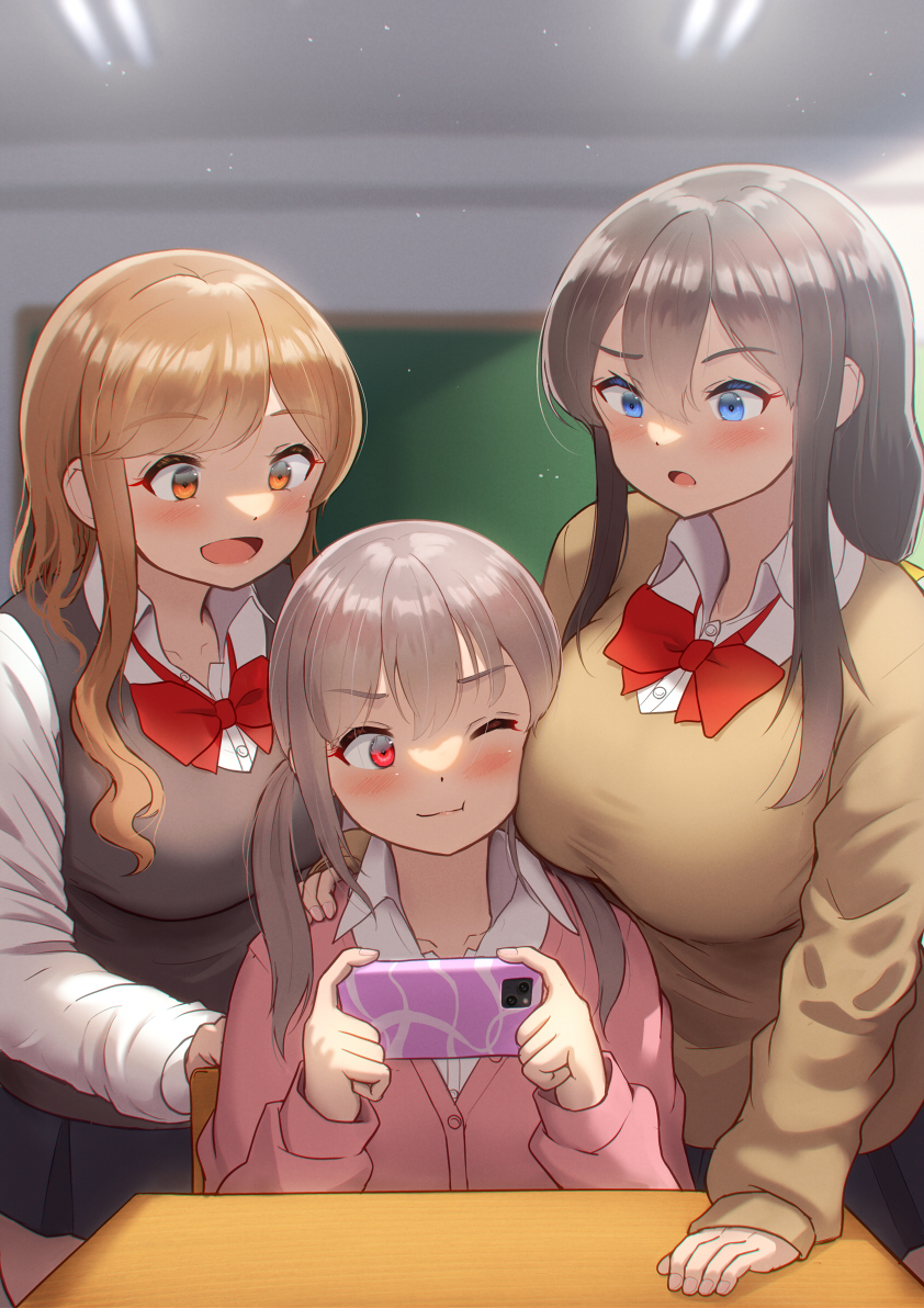 3girls blue_eyes blush breast_envy breast_press breasts brown_hair cellphone chalkboard cheek-to-breast cheek_press classroom desk disciplinary_committee-chan_(maku_ro) friend-chan_(maku_ro) girl_sandwich grey_hair hair_between_eyes head_on_chest indoors large_breasts long_hair maku_ro multiple_girls one_eye_closed orange_eyes orange_hair original phone red_eyes sandwiched school_desk smartphone smile taut_sweater