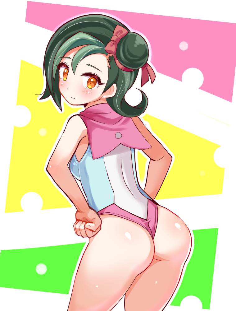 1girl alternate_costume ass bare_shoulders blush bow breasts brown_hair cougar_(cougar1404) from_behind green_hair hair_bow leaning leaning_forward leotard medium_breasts mizuki_kotori_(yu-gi-oh!) multicolored_hair orange_eyes short_hair sideboob smile solo thong thong_leotard two-tone_hair yu-gi-oh! yu-gi-oh!_zexal