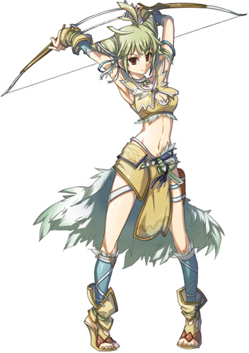 1girl bad_id bad_pixiv_id boots bow_(weapon) breasts brown_eyes cleavage cone_hair_bun cota female_focus green_hair hair_bun lowres medium_breasts midriff open-toe_boots sandals solo trusty_bell viola weapon
