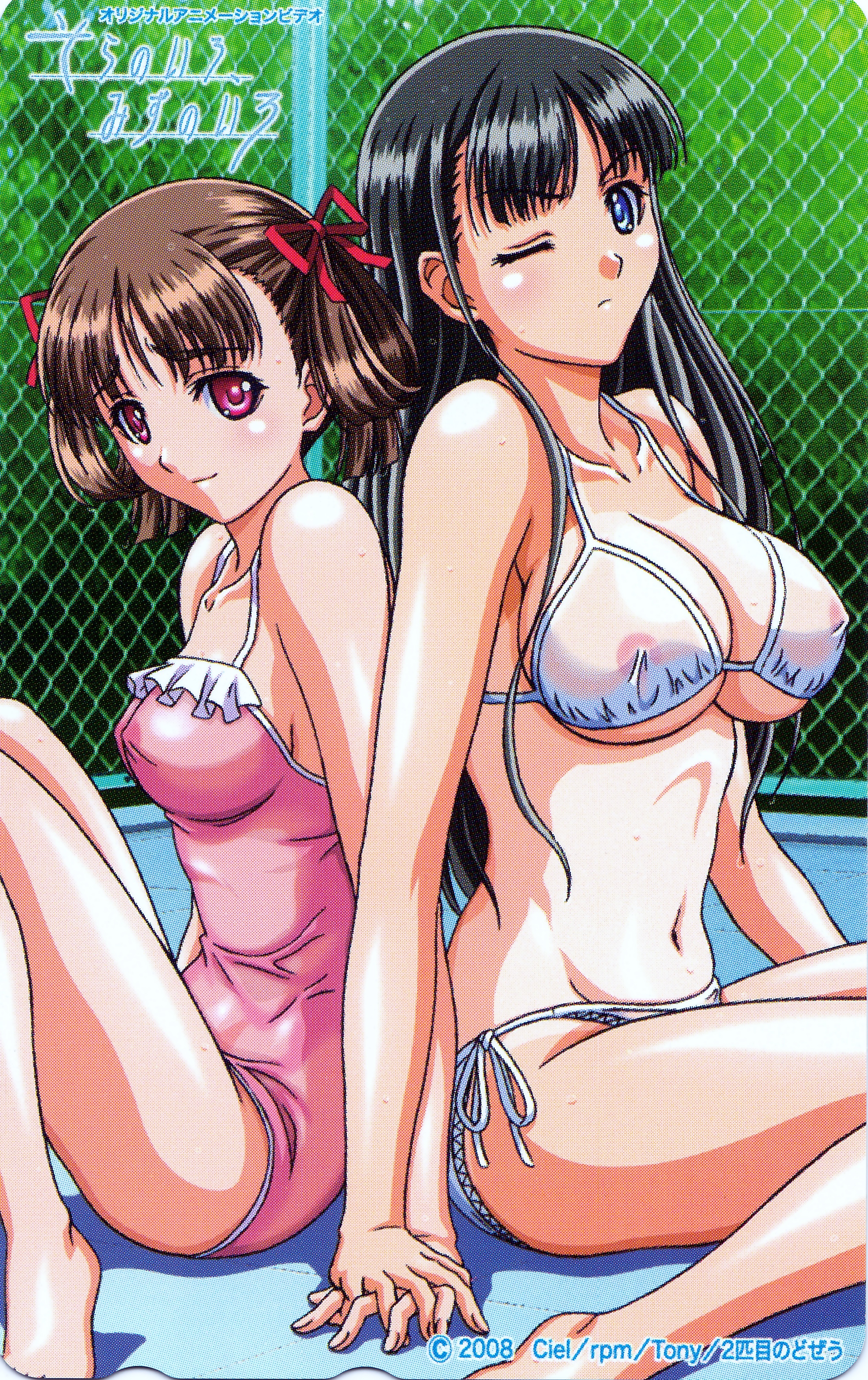 2girls absurdres bikini breasts casual_one-piece_swimsuit hairdressing highres large_breasts medium_breasts mizushima_asa multiple_girls one-piece_swimsuit pink_one-piece_swimsuit see-through_bikini see-through_clothes sora_no_iro_mizu_no_iro sorayama_natsume swimsuit white_bikini