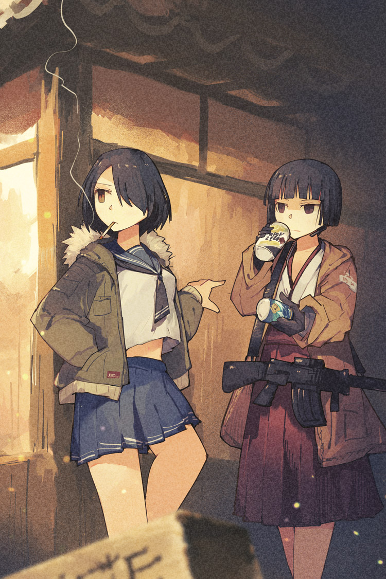 2girls architecture black_gloves blue_skirt blunt_bangs brown_coat brown_eyes can coat drinking east_asian_architecture fur-trimmed_jacket fur_trim gloves gregorius_yamada gun hair_over_one_eye holding holding_can jacket kinki_spiritual_affairs_bureau multiple_girls open_clothes open_coat open_jacket outdoors red_skirt school_uniform serafuku short_hair skirt smoking weapon