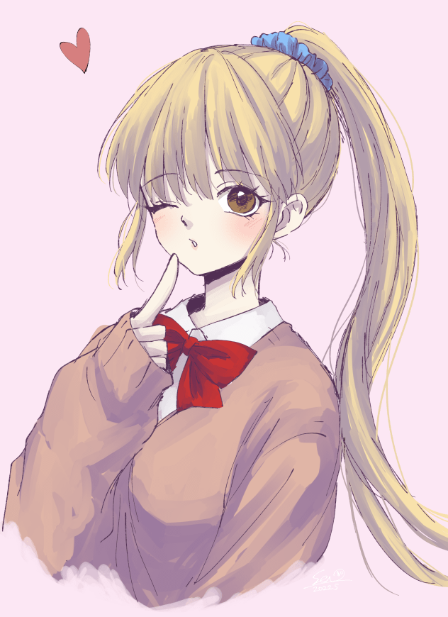 1girl blonde_hair brown_eyes cardigan hair_ornament hair_scrunchie long_hair misao official_art one_eye_closed ponytail saotome_haruna_(misao) school_uniform scrunchie seeen sweater upper_body