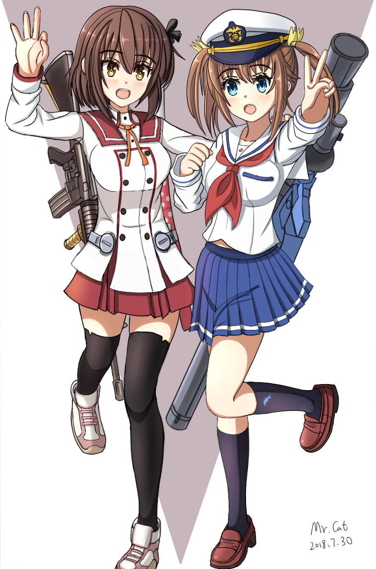 :d assault_rifle black_thighhighs blue_eyes blush breasts brown_footwear brown_hair buttons collarbone commentary_request crossover dated double-breasted etou_kanami gun hair_between_eyes hand_up hat high_school_fleet katana kneehighs loafers long_sleeves looking_at_viewer medium_breasts minoseki_gakuin_uniform misaki_akeno multiple_girls neck_ribbon neckerchief ok_sign open_mouth orange_ribbon peaked_cap pleated_skirt purple_socks red_neckerchief red_sailor_collar ribbon rifle sailor_collar school_uniform serafuku shirt shoes short_hair sidelocks skirt smile socks standing standing_on_one_leg sword thighhighs toji_no_miko tsukiko_neko twintails v weapon white_footwear white_hat white_sailor_collar winter_uniform yellow_eyes yokosuka_girls_marine_high_school_uniform zettai_ryouiki