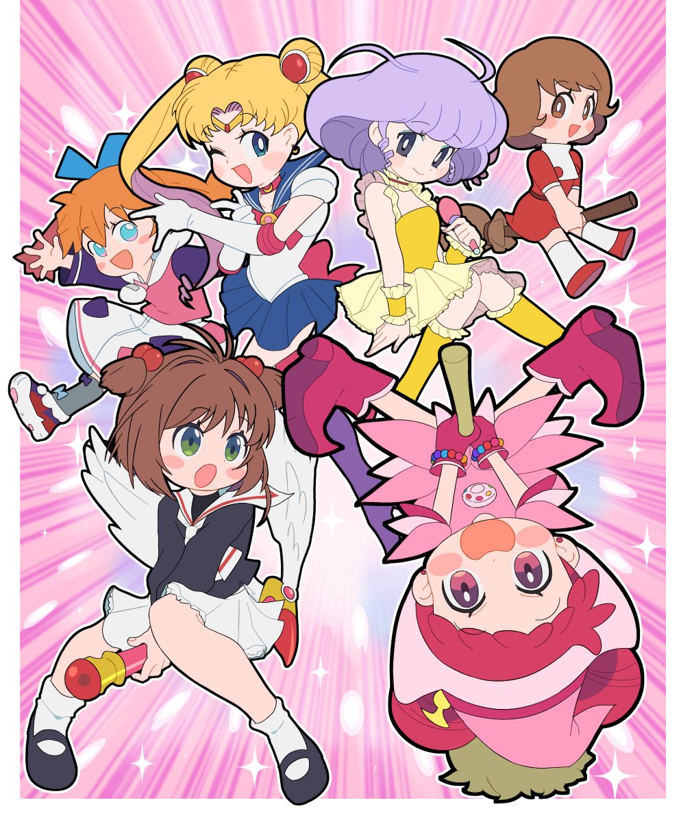 bishoujo_senshi_sailor_moon boots cardcaptor_sakura creamy_mami harukaze_doremi highres kinomoto_sakura mahou_no_tenshi_creamy_mami mahou_tsukai_sally miyata_(lhr) morisawa_yuu ojamajo_doremi pink_background pink_boots sailor_moon star_(symbol) tsukino_usagi yellow_boots yumeno_sally