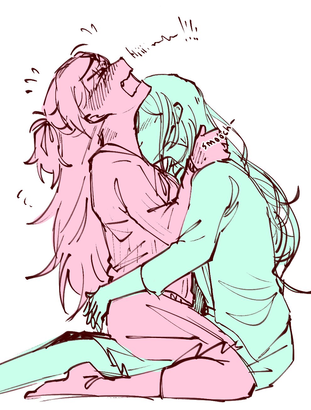 &gt;_&lt; 2girls blush closed_mouth commentary emotsper english_commentary fanfiction_available hand_on_another&#039;s_shoulder hand_on_another&#039;s_waist highres hinomori_shizuku kiss kissing_neck limited_palette long_hair momoi_airi multiple_girls neck_blush open_mouth pleated_skirt project_sekai sitting sitting_on_lap sitting_on_person skirt smile white_background yuri