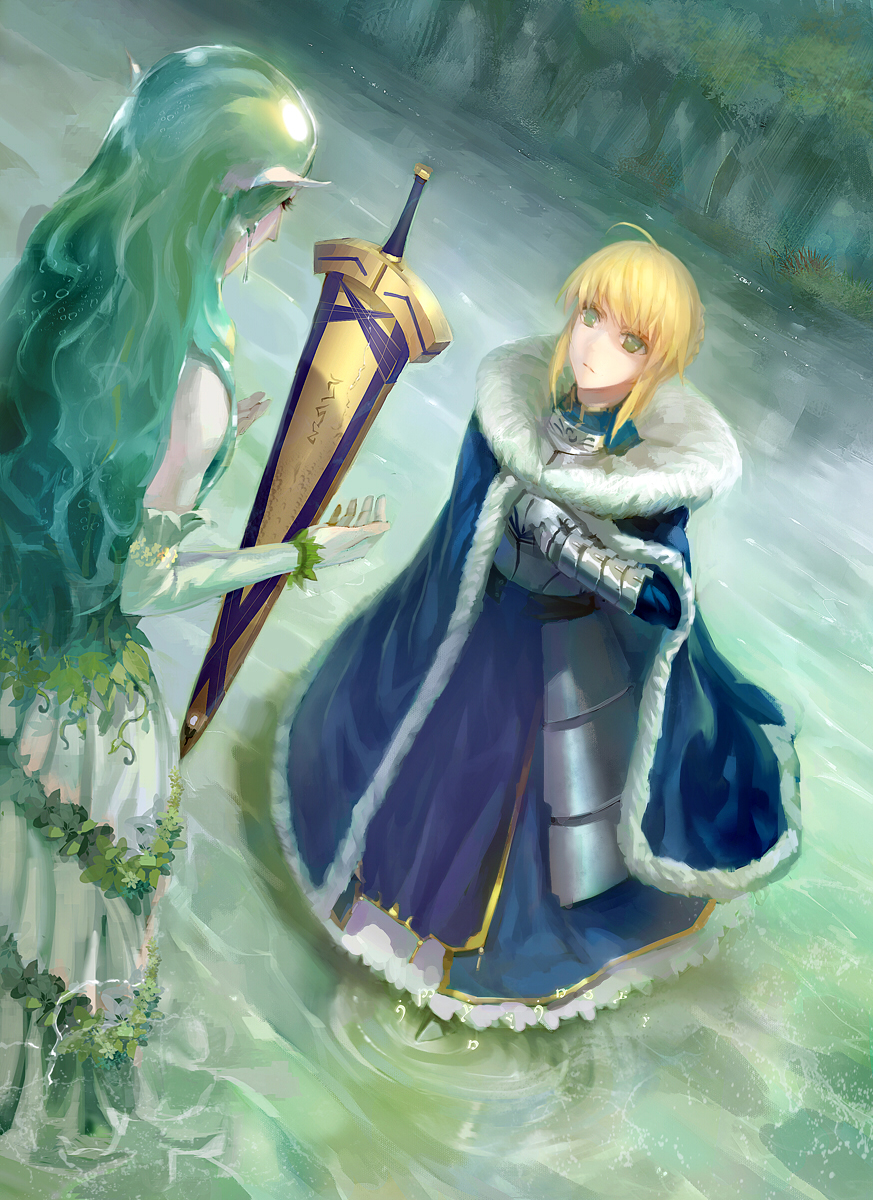 2girls ahoge armor armored_dress artoria_pendragon_(fate) avalon_(fate) bare_shoulders blonde_hair cape detached_sleeves dress excalibur_(fate/stay_night) fate/stay_night fate/zero fate_(series) gauntlets green_eyes green_hair highres lady_of_the_lake long_hair multiple_girls pointy_ears saber_(fate) scabbard sheath short_hair sword water weapon yunohara_konomi