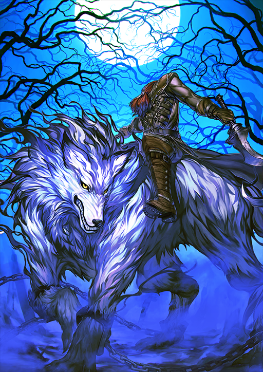 1boy animal animal_focus ascot bare_tree belt black_belt black_jacket blue_background blue_sky boots brown_boots brown_gloves chain cuffs fate/grand_order fate_(series) fog full_body full_moon gloves headless hessian_(fate) holding holding_sword holding_weapon horseback_riding jacket lobo_(fate) long_sleeves looking_at_viewer male_focus moon night official_art on_animal oversized_animal red_ascot riding shackles sharp_teeth simosi sitting sitting_on_animal sky solo sword teeth third-party_source tree variant_set waist_cape weapon wolf yellow_eyes