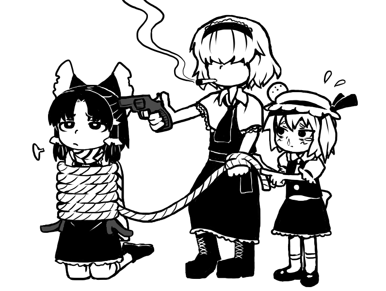 alice_margatroid at_gunpoint benikurage_(cookie) boots bound bow bseibutsu capelet cigarette closed_mouth collared_capelet commentary_request cookie_(touhou) flandre_scarlet flying_sweatdrops frilled_hair_tubes frills frown full_body greyscale gun hair_bow hair_over_eyes hair_tubes hakurei_reimu half_updo handgun hat head_bump high_contrast holding holding_gun holding_weapon jigen_(cookie) kneeling mittens mob_cap monochrome necktie revolver rope short_hair sidelocks simple_background skirt skirt_set smoking tied_up_(nonsexual) touhou vest weapon yuno_(cookie)