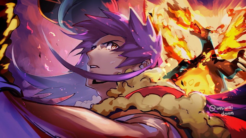 1boy cape champion_uniform charizard commentary_request dark-skinned_male dark_skin facial_hair fire fur-trimmed_cape fur_trim gen_1_pokemon gigantamax gigantamax_charizard leon_(pokemon) long_hair male_focus miramiraa_(wniwnidonn) nintendo parted_lips pokemon pokemon_(creature) pokemon_swsh purple_hair red_cape shirt short_sleeves sweatdrop twitter_username watermark yellow_eyes