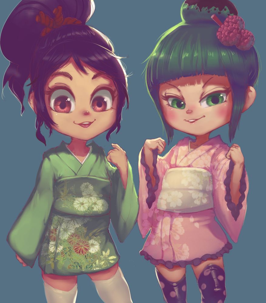 2girls black_hair black_thighhighs blue_background blunt_bangs blush brown_eyes conoghi disney floral_print food-themed_hair_ornament green_eyes green_hair green_kimono hair_bun hair_ornament half-closed_eyes japanese_clothes kimono long_hair long_sleeves looking_at_viewer minty_sakura multiple_girls obi open_mouth pink_kimono polka_dot polka_dot_legwear ponytail print_kimono sash simple_background smile standing teeth thighhighs upper_teeth_only v-shaped_eyebrows vanellope_von_schweetz white_thighhighs wide_sleeves wreck-it_ralph