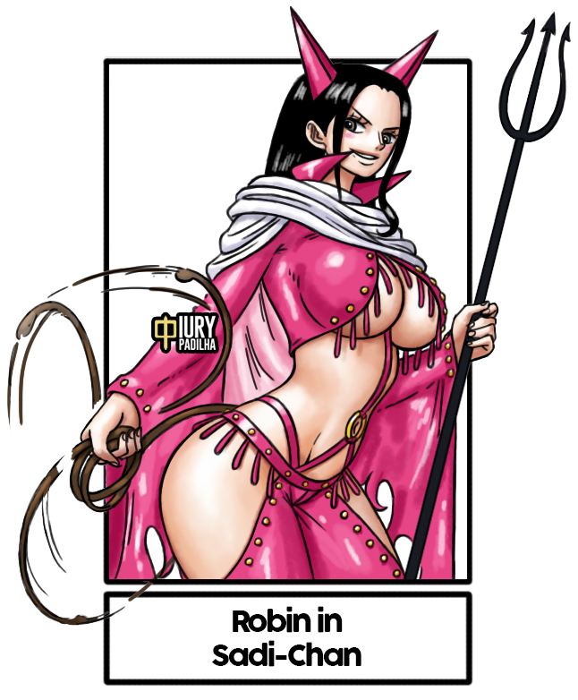 1girl ass black_hair breasts chaps cleavage cosplay groin horns iury_padilha large_breasts nico_robin one_piece pink_outfit polearm sadi-chan sadi-chan_(cosplay) smile thighs trident weapon whip wide_hips