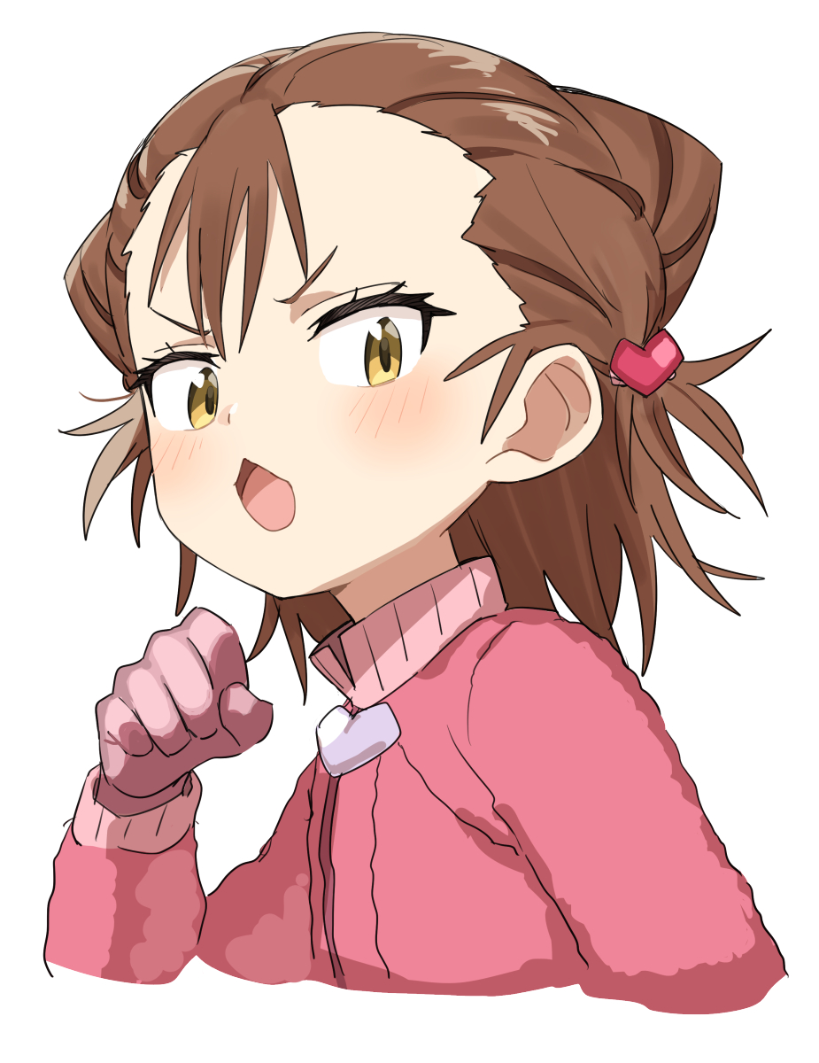 1girl blush brown_hair commentary_request gazacy_(dai) gloves highres looking_at_viewer medalist_(manga) miketa_ryouka open_mouth pink_gloves short_hair simple_background solo upper_body white_background yellow_eyes