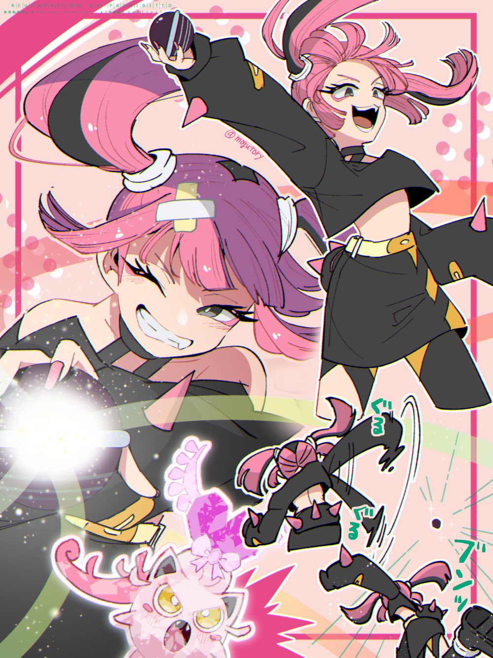 1girl belt black_shirt blunt_bangs blush_stickers closed_mouth coral_(pokemon) eyelashes fang fangs gem grey_eyes hair_ornament highres holding holding_tera_orb long_hair long_sleeves looking_at_viewer mogutory multicolored_hair nintendo off_shoulder one_eye_closed open_mouth pink_gemstone pink_hair pokemon pokemon_(anime) pokemon_(creature) pokemon_horizons scream_tail shirt skirt sleeves_past_fingers sleeves_past_wrists smile tera_orb terastallization tongue twintails two-tone_hair yellow_eyes